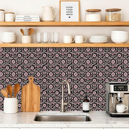 Black Pink Floral Peel and Stick Floor Tiles 12x12 Inch 10PCS | Pink floral vine pattern on a black background vinyl floor stickers for kitchen bathroom entryway and indoor home decor