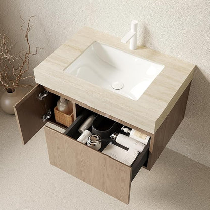 KEIKI 30 Inch Floating Bathroom Vanity with Sink, Light Brown & Beige | Modern Wall Mounted Storage Cabinet w/ Drawer & Door, Pre-assembled Wood Panels, Sintered Stone Top & Ceramic Basin Combo Set