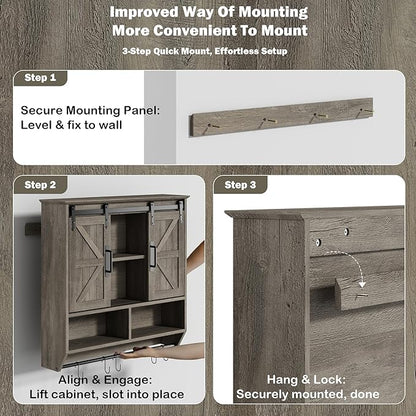 RUSTOWN Farmhouse Bathroom Wall Cabinet,3-Tier Rustic Wood Wall Mounted Cabinets,Vintage Medicine Cabinet with Sliding Barn Door and Adjustable Shelves,Over The Toilet Storage Cabinet (Washed Oak)