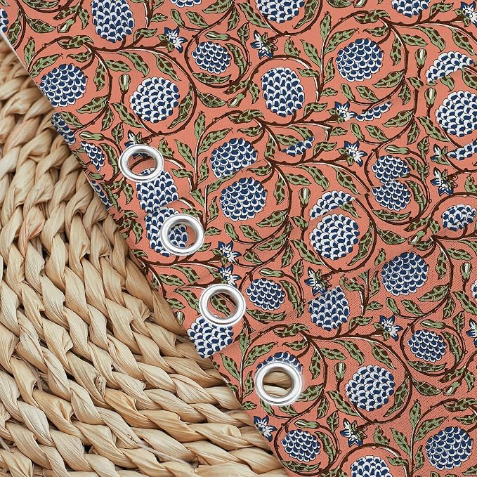 MUGINYU Boho Burnt Orange Floral Shower Curtain - 72x72 Inches,Cotton Blend Cloth Fabric, Botanical Coral Block Print Pattern for Rustic Farmhouse Frenchy Bathroom