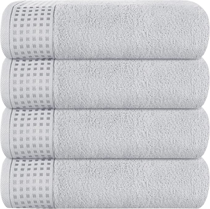 GLAMBURG Ultra Soft 4 Pack Oversized Bath Towel Set 27x54 inches, 100% Cotton Bath Towels, Highly Absorbant Compact Quickdry & Lightweight Towel, Ideal for Gym Travel Camp Pool - Light Grey
