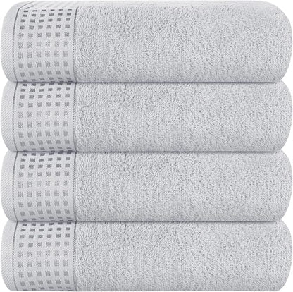 GLAMBURG Ultra Soft 4 Pack Oversized Bath Towel Set 27x54 inches, 100% Cotton Bath Towels, Highly Absorbant Compact Quickdry & Lightweight Towel, Ideal for Gym Travel Camp Pool - Light Grey