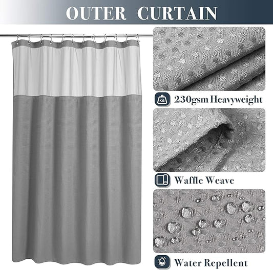 N&Y HOME Long Waffle Weave Shower Curtain with Snap-in Liner 71x78, Gray | 12 Hooks & Snap on Fabric Liner, Washable, Mesh Window, Hotel Style, 78 inches Length Grey Shower Curtain Set for Bathroom