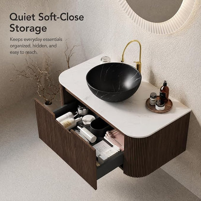 36 Inch Bathroom Vanity with Sink, Floating Wall Mounted Single Sink Vanity, Dark Walnut Curved Fluted Front, Stone Top, Black Marble Vessel Basin, Pre-Assembled