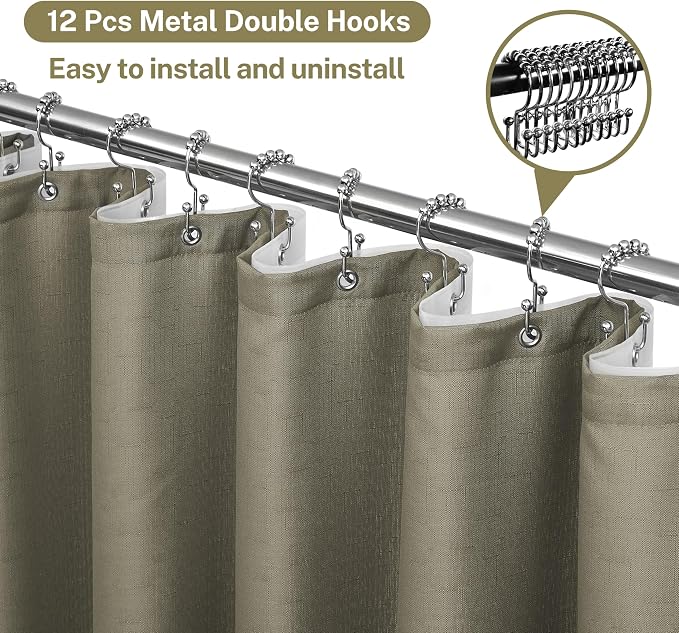 3 in 1 Shower Curtain Set, Khaki Shower Curtain and Liner Set with 12 Double Sided Shower Curtain Hooks, Cloth Shower Curtains for Bathroom,Waterproof, 72" W*72" H
