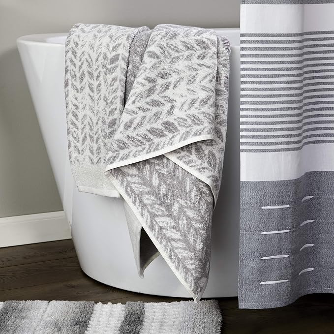 SKL Home Distressed Leaves Bath Towel Set-4pc, 100% Turkish Cotton, Gray | 2 Bath towels, 2 hand towels. 600 GSM weight. Spa-level quality. Soft & absorbent, reversible jacquard.