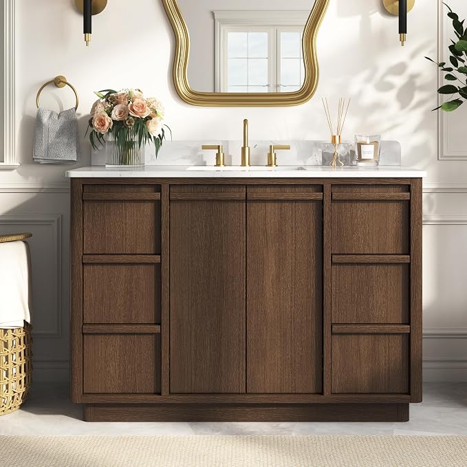 48" Fully Assembled Bathroom Vanity with Sink, Dark Brown | Solid Wood Frame Vanity with Engineered Stone Top & Backsplash, Ceramic Sink, 6 Full-Extension Drawers & 2 Soft-Close Doors