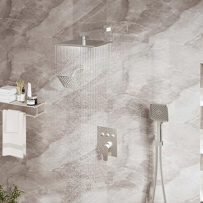 MONDAWE 12 Inch Wall Mounted Brushed Nickel Shower System, 3-Function Shower Faucet Set with Rainfall Dual Shower Head and High Pressure 4-Setting Handheld, All Functions Can be Used At the Same Time