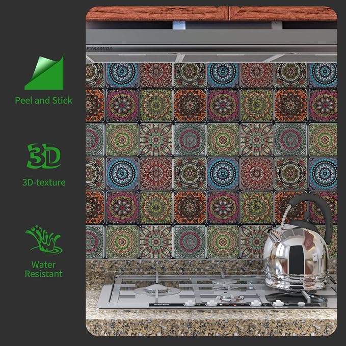 LONGKING Peel and Stick Backsplash Tile Stickers, Colorful Moroccan Tile for Kitchen, Stick on Wall Tiles (10 Sheets) | Peel and stick backsplash, self-adhesive wall tile, Colorful Moroccan, waterproof, kitchen bathroom wall, 10-sheet