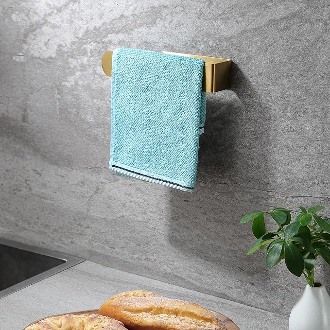 Taozun Adhesive Towel Rack/Hand Towel Holder, Gold Towel Holder for Bathroom Towel Bar Stick on Wall, Stainless Steel Brushed Towel Ring, 2 Packs