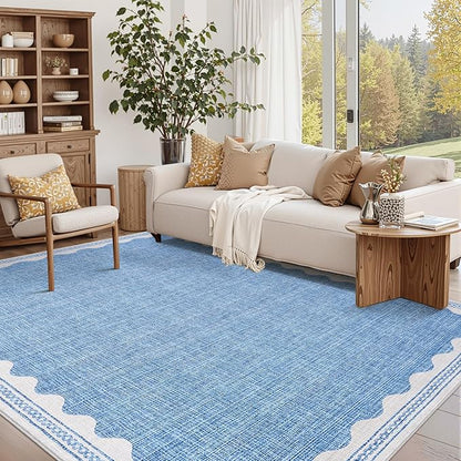 Garvee Modern Bordered Rugs for Living Room 8x10 Large Washable Rug Blue | Non Slip Low Pile Soft Carpet Foldable Non Shedding Stain Resistant Floor Cover for Bedroom Playroom Nursery Office Dorm