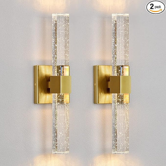 Wall Sconces Set of Two - Gold Sconces Wall Lighting 14W Dimmable LED Crystal Bathroom Light Fixture with Bubble Glass 15.7inch Indoor Vanity Lights for Bathroom Hallway Bedroom (2 Pack)