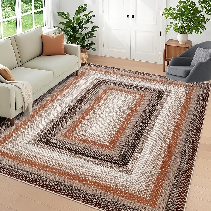 Imitation Braided Collection-Print Living Room Rug 5x7 Area Rugs Washable Bedroom Rug Modern Large Area Rug Non Slip Throw Rugs Farmhouse Soft Low Pile Stain Resistant Carpet for Dining Room