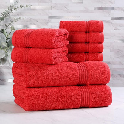 SUPERIOR Egyptian Cotton 8-Piece Towel Set, Assorted Towels for Home Bathroom, Master, Guest Bath, Decor Essentials, Includes 2 Bath, 2 Hand, 4 Face Towels/Washcloths, Quick Dry, Absorbent, Red