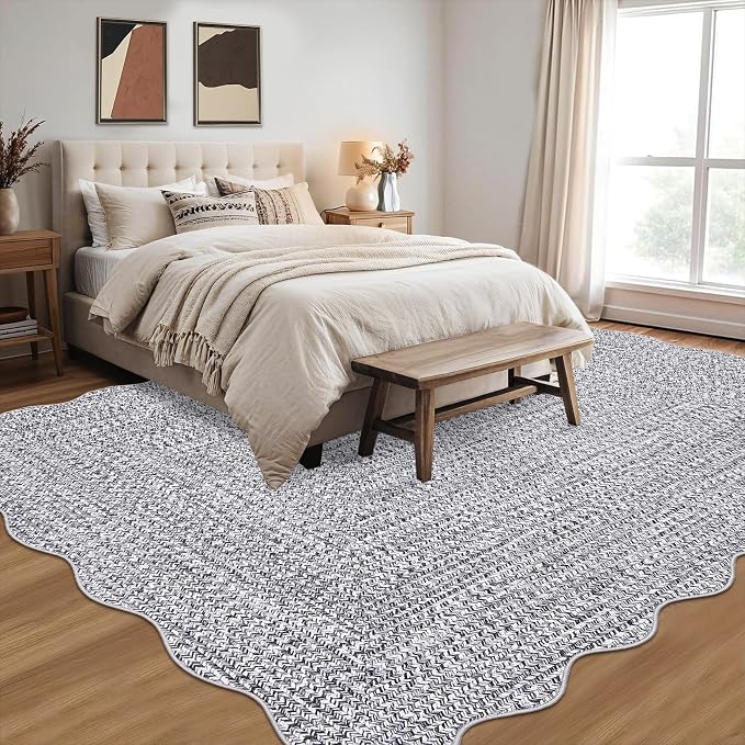 Imitation Braided Collection-Print Farmhouse Living Room Area Rug 8x10 Non-Slip Washable Rugs, Scalloped Large Carpet, Stain Resistant Ultra-Thin Foldable Floor Cover for Nursery Dining Room
