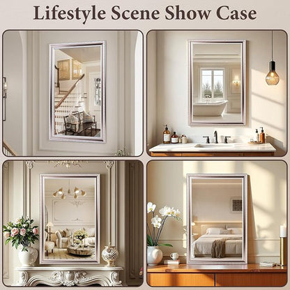 ROLOVE 24x34 Inch Brushed Rose Gold Frame Mirror for Wall, Ornate Baroque Wall Mirror, Large Vintage Decorative Mirror for Mantel & Bathroom, Waterproof Frame, Tempered Glass (Champagne Pink Hue)