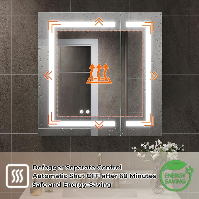 WELLFOR 30" X 30" Bathroom LED Medicine Cabinet with Mirror, Medicine Cabinet with Lights, Bathroom Mirror with Storage, Dimmer, Defogger, Outlets & USB Ports, Double Doors