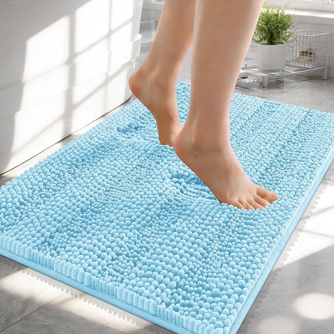 OLANLY Thick Small Bathroom Rugs 24x16, Soft Chenille Bath Rugs, Sky Blue | Rubber Backing, Machine Wash, Extra Absorbent Striped Bath Mats for Bathroom Floor, Tub and Shower, Home Decor Accessories