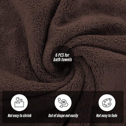MOONQUEEN 6 Pack Premium Bath Towel Set - Quick Drying - Microfiber Coral Velvet Highly Absorbent Towels - Multipurpose Use as Bath Fitness, Bathroom, Shower, Sports, Yoga Towel (Wood Brown)