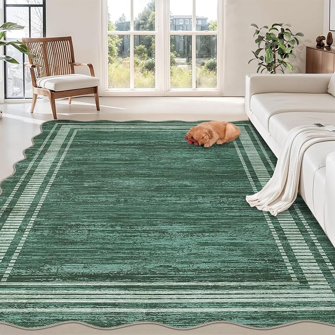 Garvee Scalloped Rug 9x12 Green Washable Rug for Living Room | Girls Rug for Bedroom Non-Slip Soft Carpet for Bedroom, Scalloped Low-Pile Print Accent Rug for Dining Room Home Office