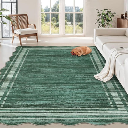 Garvee Scalloped Rug 9x12 Green Washable Rug for Living Room | Girls Rug for Bedroom Non-Slip Soft Carpet for Bedroom, Scalloped Low-Pile Print Accent Rug for Dining Room Home Office