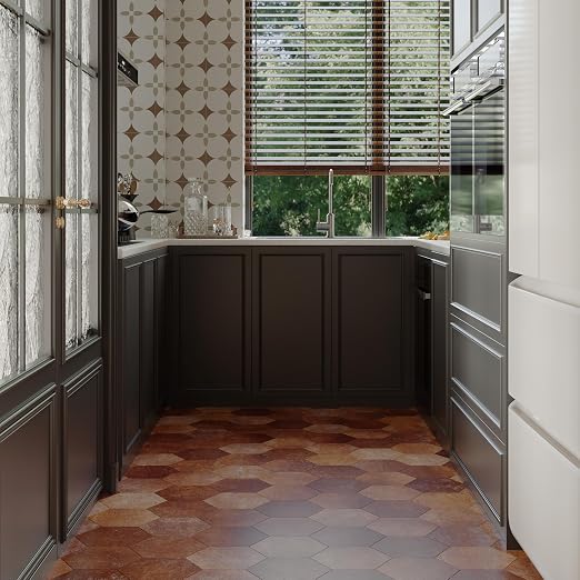 W&S 24-Sheets Hexagon Peel and Stick Floor Tile, Red Brown Peel and Stick Backsplash Tile for Wall, Self Adhesive Faux Stone Flooring DIY for Kitchen, Living Room, RV, Bathroom