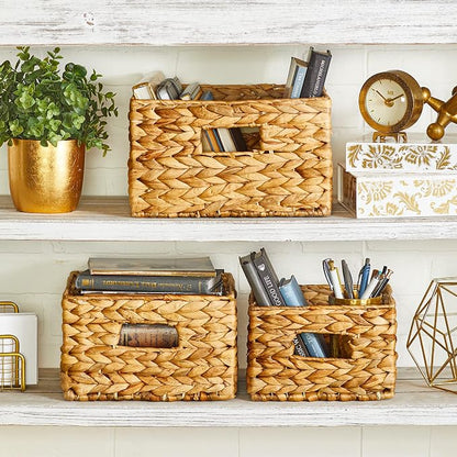 Honey-Can-Do Banana Leaf Storage Baskets, Water Hyacinth Woven Basket, Decorative Baskets-Shelves, Basket-Gifts, Closet, Pantry & Home Organization, Set of 3, Multi-Size, 9" Lx9" Wx6" H (Pack of 3)