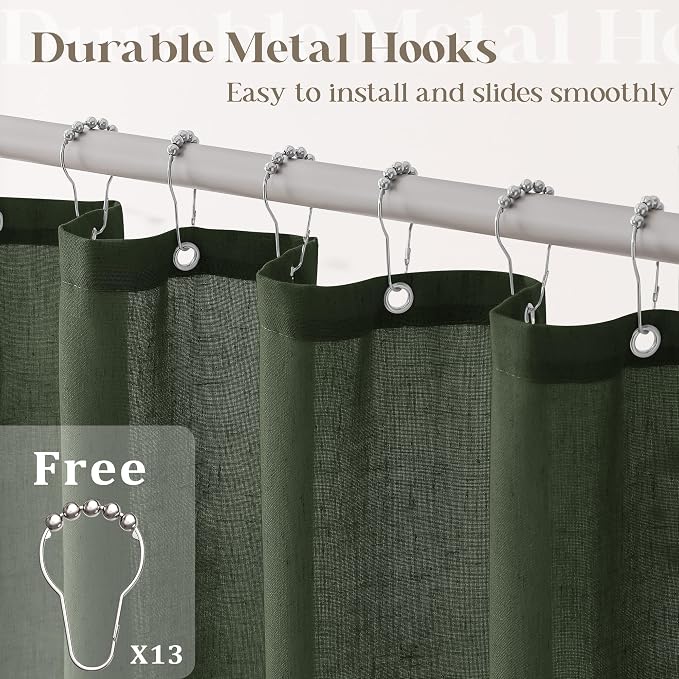 Olive Green Shower Curtain for Bathroom Water Repellent 72x108 Inch | Linen, Extra Long Extra Tall, Large, Shower Curtains 108 Inches Long, Hotel, Luxury Boho Farmhouse, Fabric Drapes, with Hooks