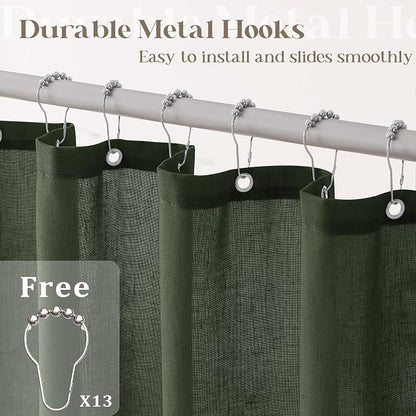Olive Green Shower Curtain for Bathroom Water Repellent 72x108 Inch | Linen, Extra Long Extra Tall, Large, Shower Curtains 108 Inches Long, Hotel, Luxury Boho Farmhouse, Fabric Drapes, with Hooks
