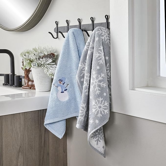 SKL Home Christmas/Winter Snowman Sled Hand Towel Set-2pc, Blue | 100% Cotton. Soft & absorbent terry with embroidery. Great for the bathroom, kitchen or bar & holiday gifting.