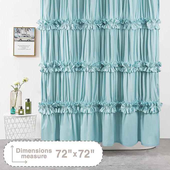 Homechoice Decor Spa Blue Ruffle Shower Curtain with 12 Buttonholes | Vintage Handcrafted Bow Tie Bath Curtain for Master Bathroom, Ruched Microfiber Bathroom Curtain, 72" W x 72" H (LQ-10)