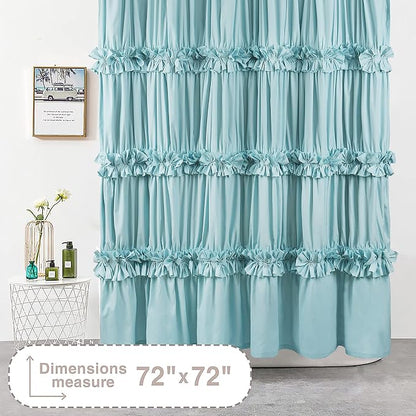 Homechoice Decor Spa Blue Ruffle Shower Curtain with 12 Buttonholes | Vintage Handcrafted Bow Tie Bath Curtain for Master Bathroom, Ruched Microfiber Bathroom Curtain, 72" W x 72" H (LQ-10)