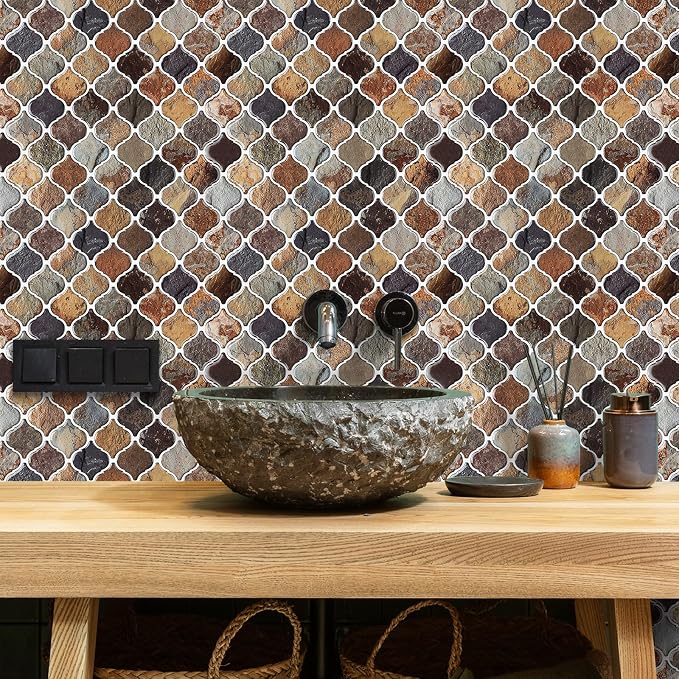 STICKGOO Arabesque Peel and Stick Backsplash, 12”X12” Backsplash Tile for Kitchen Peel and Stick, Self Adhesive Wall Tile Stick on Tiles (Thicker Design, Multicolor Sandstone)