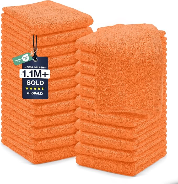 DAN RIVER 24 Pack Cotton Wash Cloths Set for Showering [12x12] Orange | Lighter Weight, Quick to Dry, Super Soft & Absorbent Face Towels, Hotel Quality, Perfect for Bathroom, Gym, Spa