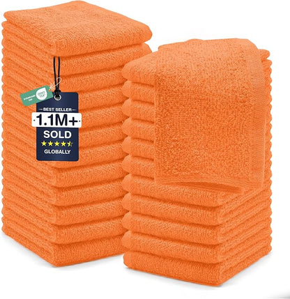 DAN RIVER 24 Pack Cotton Wash Cloths Set for Showering [12x12] Orange | Lighter Weight, Quick to Dry, Super Soft & Absorbent Face Towels, Hotel Quality, Perfect for Bathroom, Gym, Spa