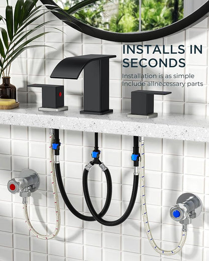 FORIOUS Bathroom Faucet Waterfall 3 Hole 8 Inch Black and Brushed Nickel | Square Bathroom Sink Faucet with Pop-up Drain and 24" Supply Lines, Lead-Free SUS304, Two Handles for Vanity RV Farmhouse