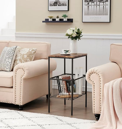 VECELO 2 Sets Tall End Table with Metal Basket,Nightstand with Shelf Storage Organizer, Wood Night Stand with Metal Frame, Waterproof for Bedroom, Living Room, Bathroom