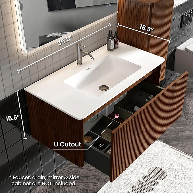 36" Bathroom Vanity with Sink, Modern Floating Vanity with Push Open Soft Close Drawer, Large Storage for Bathroom, Hotel, Walnut, Fully Assembled - Camellia Collection