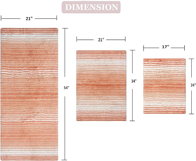 Home Weavers 100% Cotton Gradiation Collection Bathroom Décor | Washable Rug | Bathroom Mat | Kitchen Mat | Bathroom Rug Set | Bath Mat Set | Bath Floor Mat Non Slip, 3 Piece Set with Runner, Coral