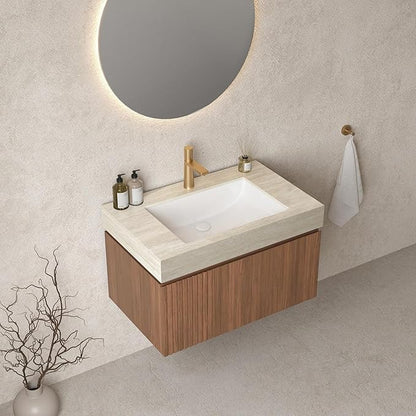 Bathroom Vanity with Sink 30 Inch, Floating Bathroom Vanity Sink Cabinet with Drawer and Door, Undermount Sink & Travertine-Pattern Sintered Stone Top, Pre-Assembled,Brown Oak
