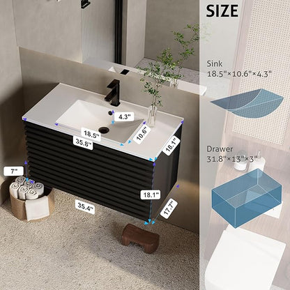 eclife 36" Floating Bathroom Vanity with Sink Combo Mid-Century Wall Mounted Cabinet with Wood Stripes Decor, Drawers, Undermount Single Sink, Faucet, Drain, Black