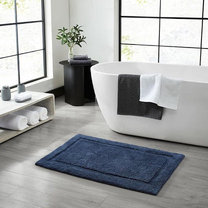 Jean Pierre New York Lydia Border 100% Cotton Bath Mat - Non-Slip Bath Rug - Midnight Navy - 20"x32"