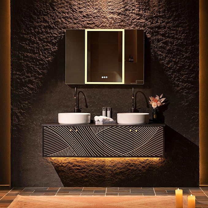 Woodbridge 60"X22" Wall Mounted Vanity with Double Ceramic Round Vessel Sinks,Black Engineered Stone Vanity Top,Floating Design with Hand-Painted Black & Gold Accents,Space-Saving for Modern Living