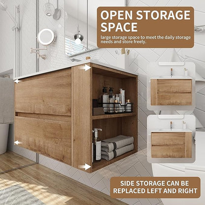 Henf Modern 30" Wall Mounted Bathroom Vanity with White Gel Sink, 2 Soft Close Drawers & Open Storage Shelf, Oak