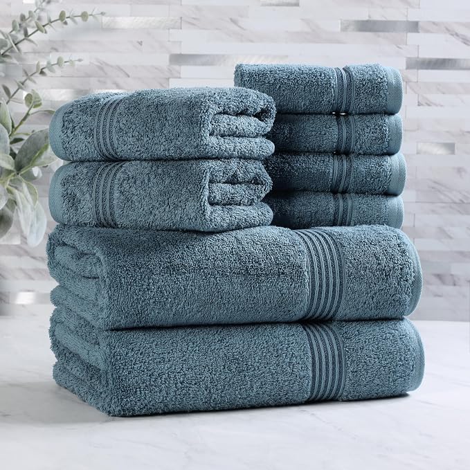 Superior Egyptian Cotton 8-Piece Towel Set, Assorted Towels for Home Bathroom, Guest Bath Decor Essentials, Includes 2 Bath, 4 Hand, 2 Face Towels/Washcloths, Quick Dry, Absorbent, Sapphire