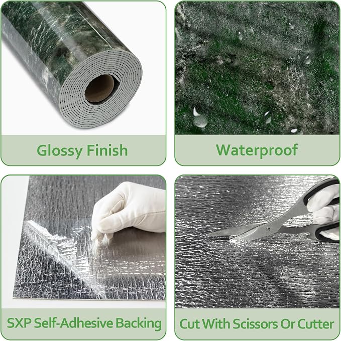 Marble Peel and Stick Waterproof Wall Paneling, 118" x 47" Amazonita Green Glossy Finish Self-Adhesive Backsplash Tile Vinyl Wall Panel for Kitchen Bathroom Wall Decor, Covers 38.75 Sq. Ft.