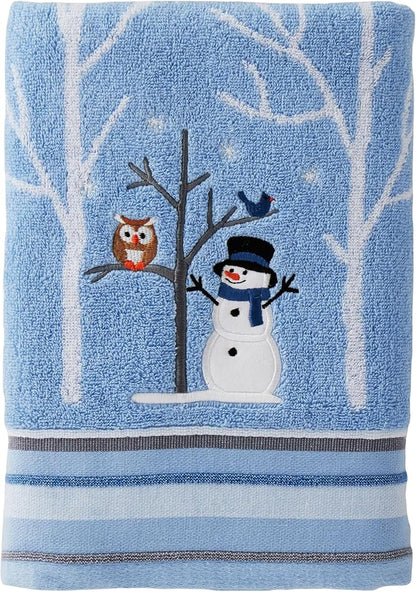 SKL Home Christmas Winter Friends Snowman Bath Towel, 100% Cotton, Blue | 450 GSM. Soft & absorbent jacquard with embroidery. Great for holiday gifting.