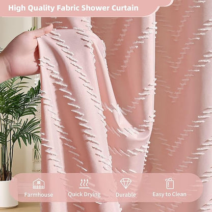 Siiluminisoy Pink Boho Shower Curtain White Tassel Woven Fabric Cute Shower Curtain 60 x 72 Modern Farmhouse Textured Tufted Chevron Striped Minimalist for Bathroom
