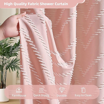 Extra Long Pink Boho Shower Curtain with White Tassel, Woven Fabric 84 in Shower Curtain, Tufted Chevron Striped, 72 x 84, Modern Chic Textured Minimalist Cute Shower Curtain for Bathroom