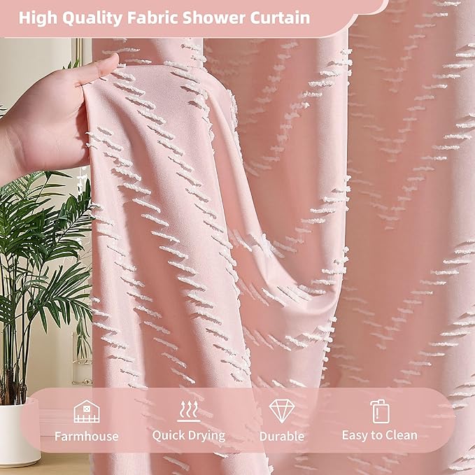 Siiluminisoy Extra Long Pink Boho Shower Curtain with White Tassel, Woven Fabric Cute Shower Curtain, Tufted Chevron Striped, 72 x 78, Modern Chic Textured Minimalist Bathroom Shower Curtain